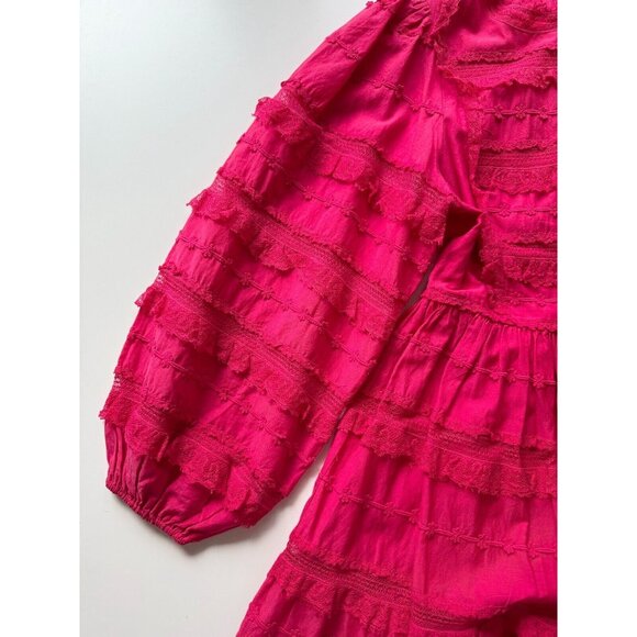 ULLA JOHNSON Amour Fuchsia Pink Cotton Lace Ruffle Balloon Sleeve Dress, Size 6 - Picture 10 of 16